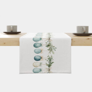 Bieżnik z wzorem wiszących pisanek, kokard i gałązek na jasnym tle