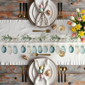 Aranżacja stołu ze świątecznym bieżnikiem, zastawą i bukietem tulipanów