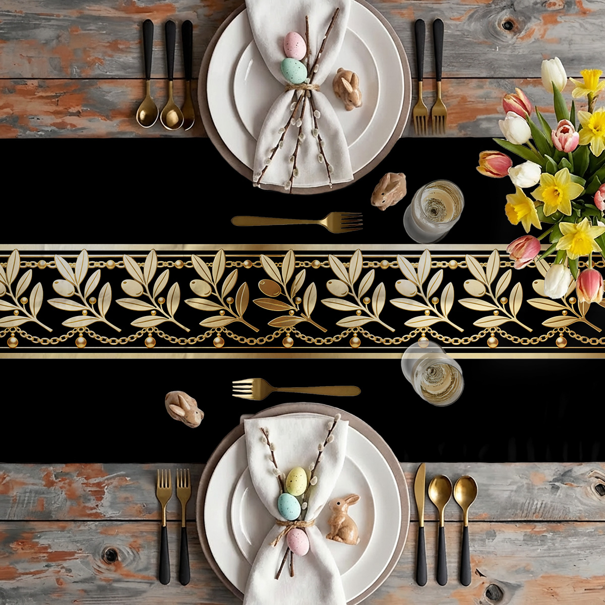 aranżacja stołu z bieżnikiem i świątecznymi dekoracjami: talerze, sztućce i bukiet tulipanów