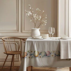 perspektywa stołu z obrusem i subtelnymi dodatkami podkreślającymi wzór pisanek