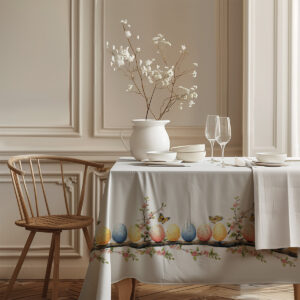 Widok narożnika obrusu pokazujący ciąg pisanek na brzegu i delikatne kwiaty