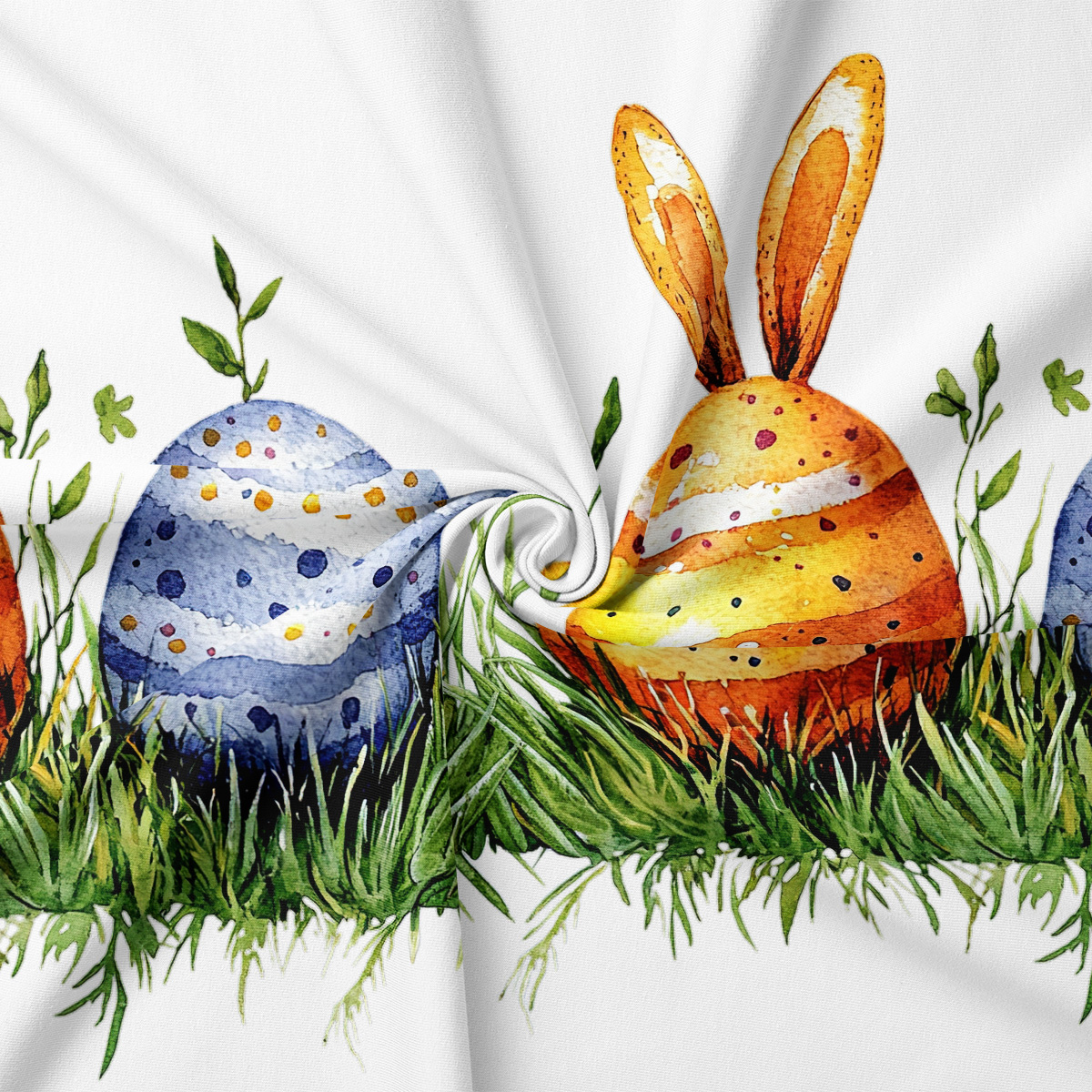 Zbliżenie na detal wzoru pokazujące akwarelowe jajko i królicze uszy oraz teksturę tkaniny