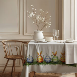 Widok krawędzi stołu z powtórzeniem motywu jajek w trawie, tworzącym spójną, wiosenną ramę