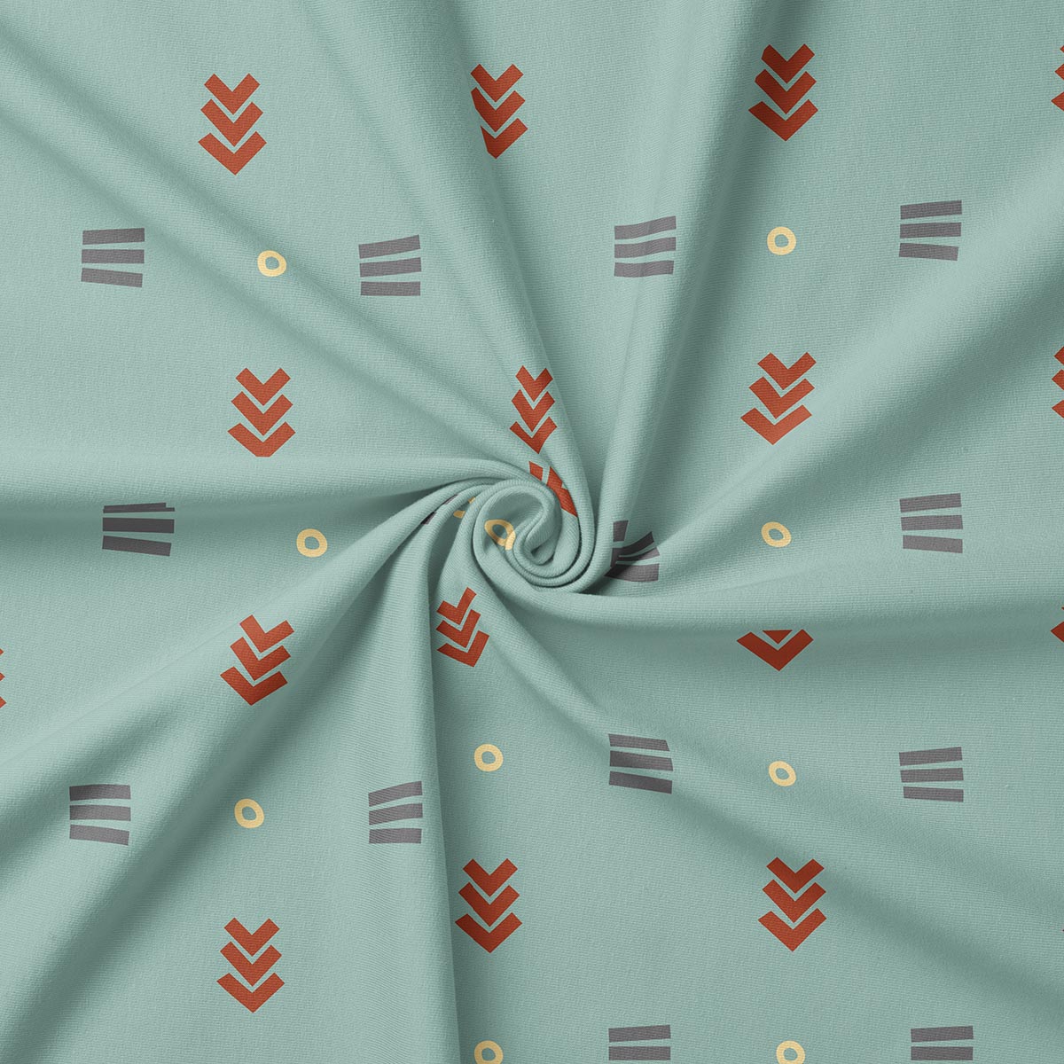 Zbliżenie tkaniny z geometrycznym wzorem pokazujące rdzawy motyw i kremowe kółka