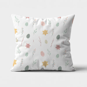 Poduszka z białym tłem i drobnym wzorem pisanek oraz liści na głównym ujęciu