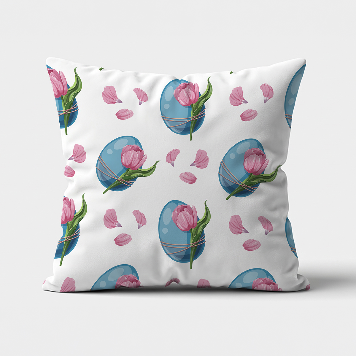 Poduszka z przodu z wzorem błękitnych pisanek i różowych tulipanów na jasnym tle