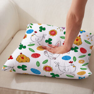 zbliżenie na materiał i strukturę poduszki podczas nacisku, widoczne jajo i liście