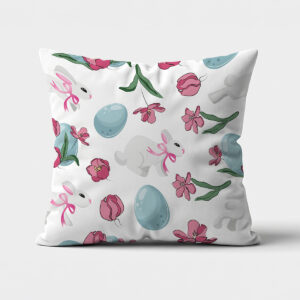 Poduszka z białym tłem ozdobiona zajączkami, niebieskimi pisankami i różowymi tulipanami - widok główny