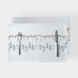 Główne ujęcie: świąteczna podkładka z akwarelowymi jajkami wiszącymi na gałązce, widok z góry