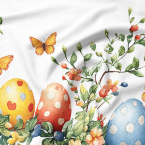 zbliżenie nadruku z kolorowymi pisankami, listkami i drobnymi kwiatami w akwarelowym stylu