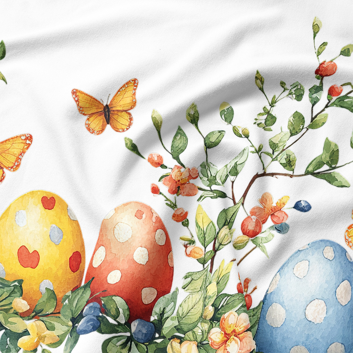 zbliżenie nadruku z kolorowymi pisankami, listkami i drobnymi kwiatami w akwarelowym stylu