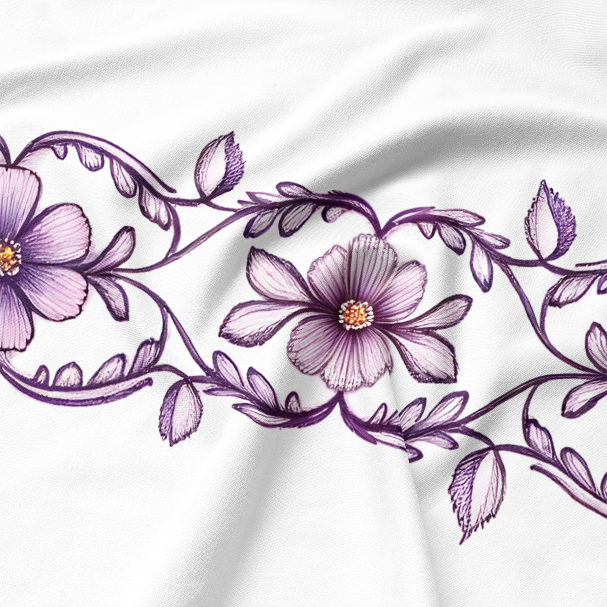 zbliżenie na fioletowy kwiatowy haft i fakturę tkaniny