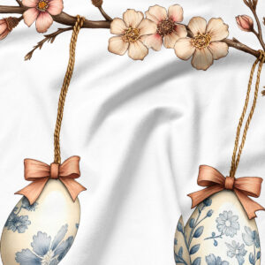 detal: pisanki z niebieskimi motywami florystycznymi i kokardki na tle gałązki z kwiatami