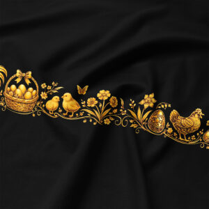 detal złotego ornamentu z kurą, pisklętami i pisaną na czarnym tle