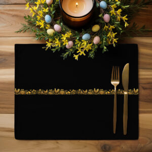 podkładka z dekoracją stołu: wianek z jajkami i świecą nad złotym pasem
