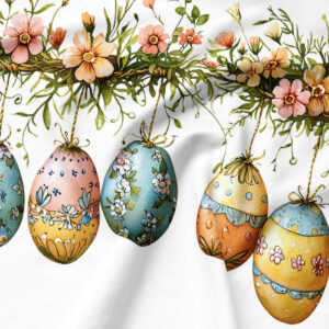 Zbliżenie na dekoracyjne, malowane pisanki i detale roślinnej girlandy