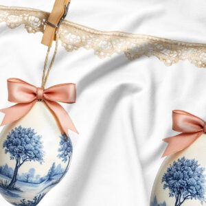 zbliżenie na detal: koronka, drewniana klamerka i różowa kokardka na malowanej pisance