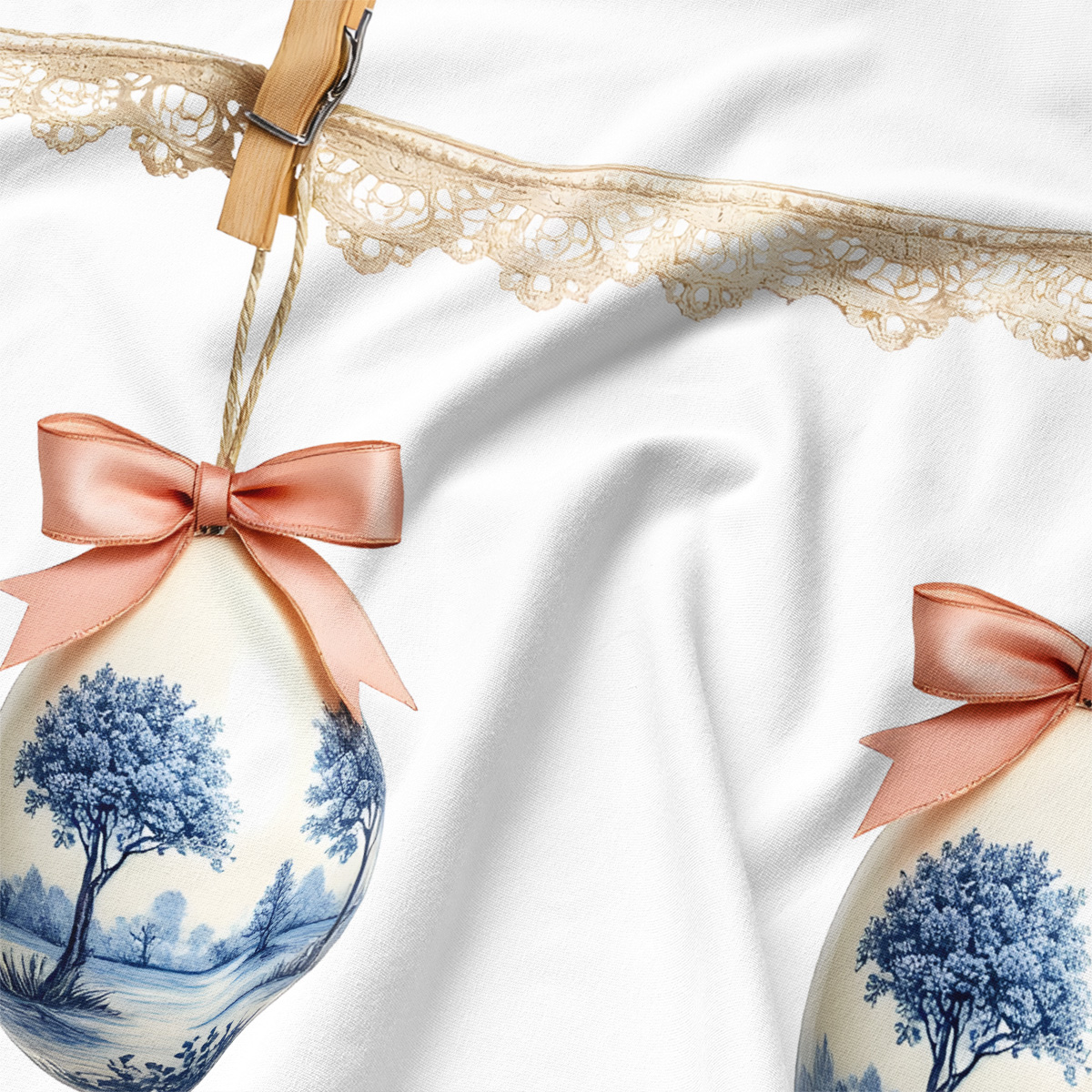 zbliżenie na detal: koronka, drewniana klamerka i różowa kokardka na malowanej pisance