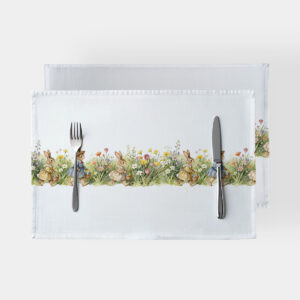 Podkładka na stół z bordiurą biegnących zajączków niosących koszyki z pisankami