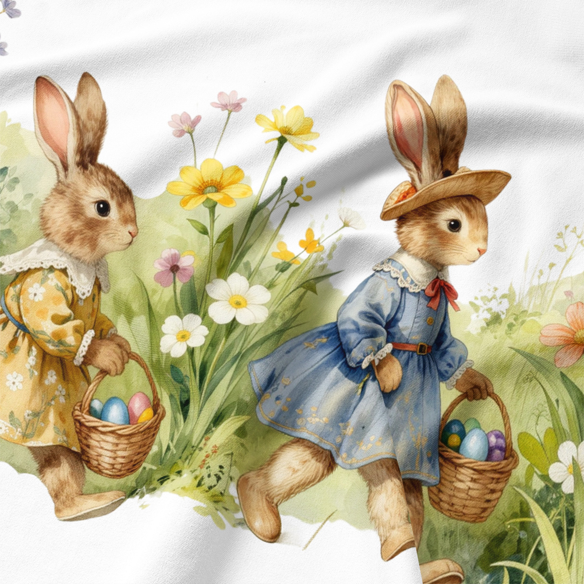 Zbliżenie na ilustrację zajączków w sukienkach i kolorowe polne kwiaty na tkaninie