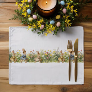 Aranżacja świątecznego stołu z podkładkami, pisankami i dekoracyjnym wieńcem ze świecami