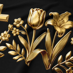 Zbliżenie na złote detale: tulipan i lilia z wyraźnym metalicznym połyskiem na czarnym tle