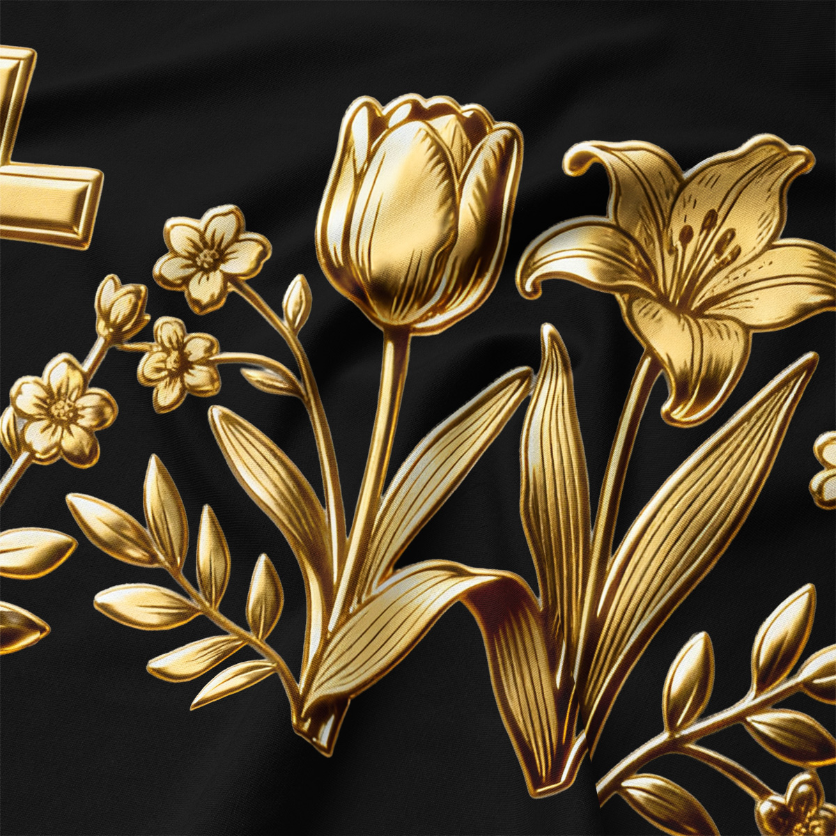 Zbliżenie na złote detale: tulipan i lilia z wyraźnym metalicznym połyskiem na czarnym tle