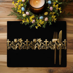 Podkładka ustawiona pod świecami i wielkanocną dekoracją z pisankami, elegancki świąteczny nastrój stołu