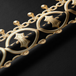 Zbliżenie na tkaninę i detale złotej bordiury, widoczne łańcuszki i ornamenty