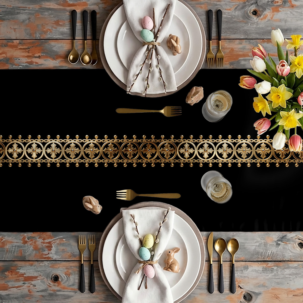 Widok z góry świątecznej aranżacji stołu z bieżnikiem, talerzami i bukietem tulipanów