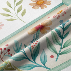 Zbliżenie na drukowany motyw liści, stokrotek i detali kokardy na tkaninie