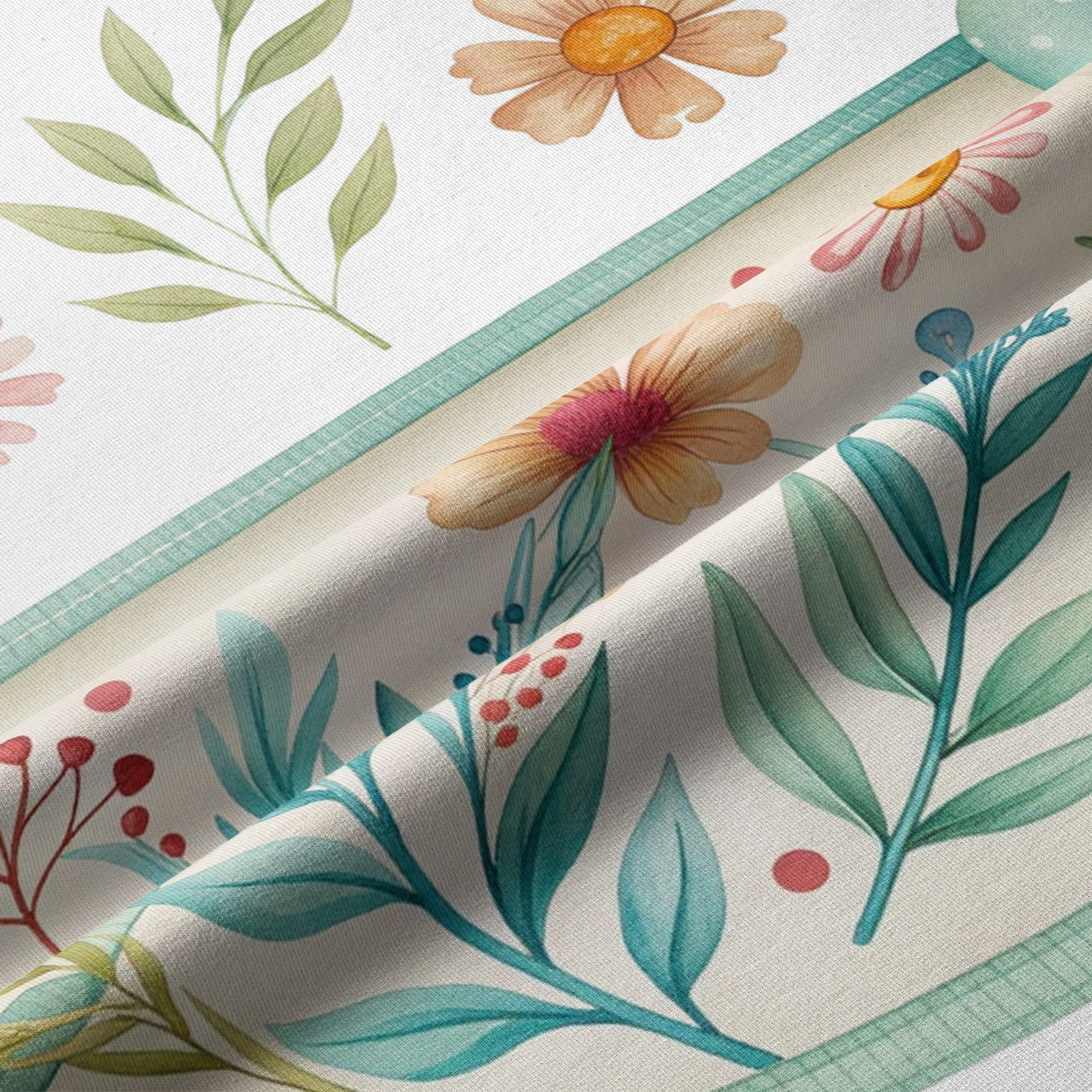 Zbliżenie na drukowany motyw liści, stokrotek i detali kokardy na tkaninie