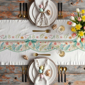 Aranżacja stołu ze świątecznym bieżnikiem, zastawą, tulipanami i dekoracyjnymi jajkami