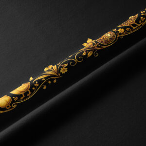 Zbliżenie na złotą bordiurę z motywami kur i pisanek na czarnym materiale