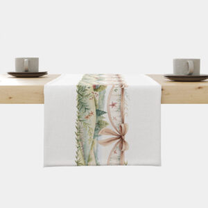 Bieżnik ułożony na stole z akwarelowym pejzażem i pastelowymi wstążkami, widok z przodu