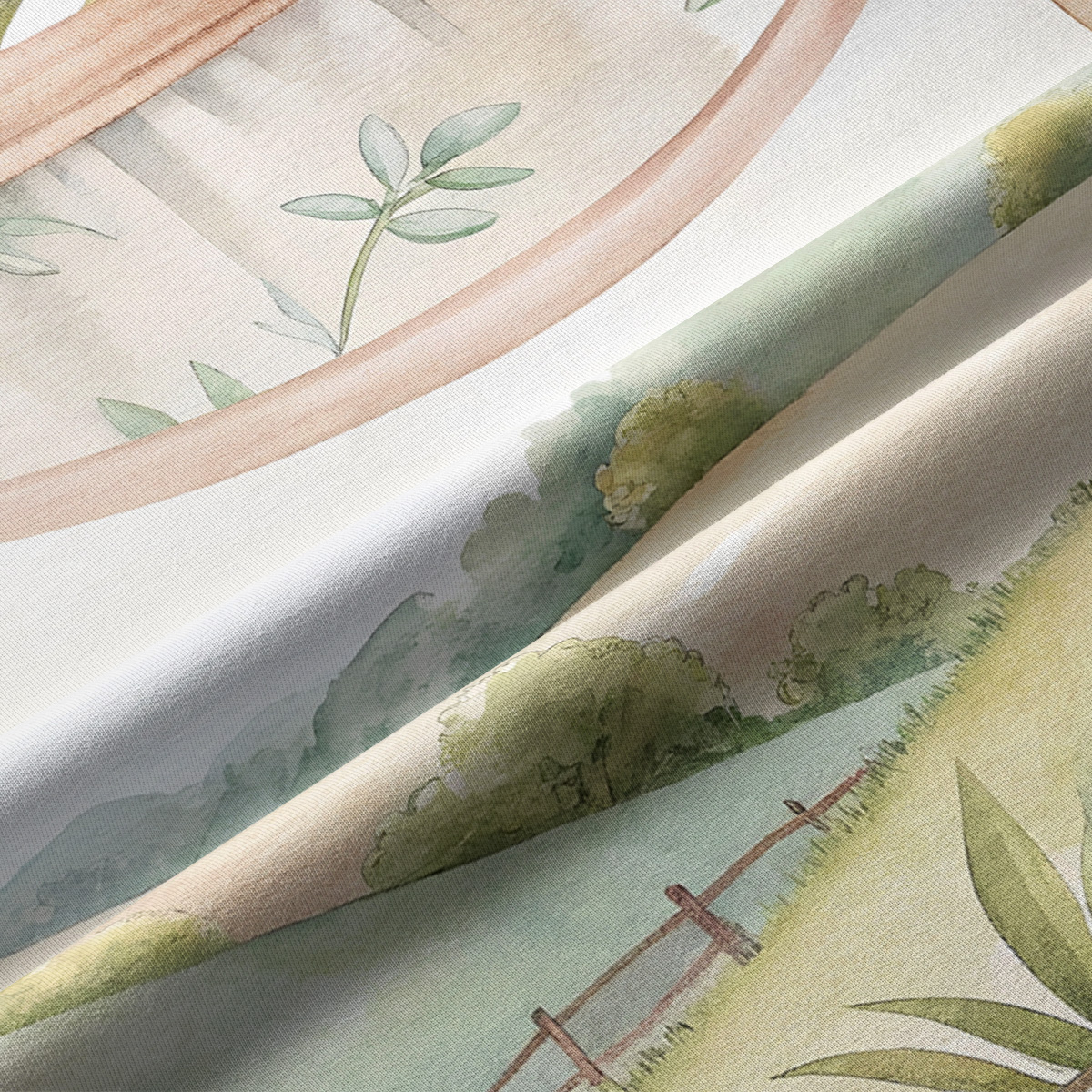 Zbliżenie na fakturę tkaniny z akwarelowymi detalami pejzażu i kokardami