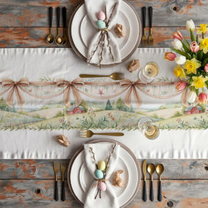 Aranżacja stołu ze świątecznym bieżnikiem, dekoracje świąteczne, tulipany i zastawa stołowa