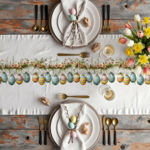 Aranżacja stołu ze świątecznym bieżnikiem, talerzami, bukietem tulipanów i złotymi sztućcami