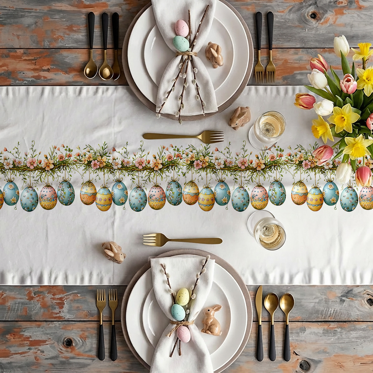 Aranżacja stołu ze świątecznym bieżnikiem, talerzami, bukietem tulipanów i złotymi sztućcami