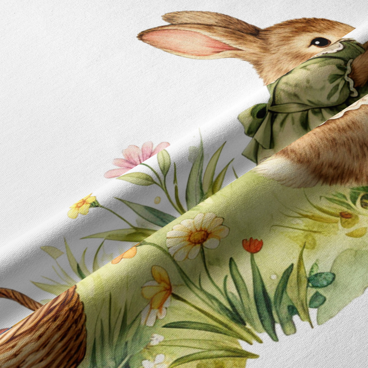 Zbliżenie na tkaninę z akwarelowymi zajączkami i łąkowymi kwiatami