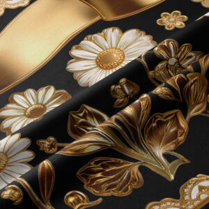 zbliżenie tkaniny z detalami płatków i złotych liści oraz metaliczną wstęgą