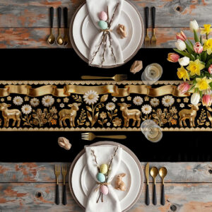 aranżacja stołu z bieżnikiem, talerzami i dekoracjami tworząca elegancki świąteczny nastrój