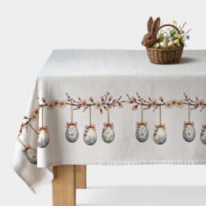 Stół przykryty świątecznym obrusem z motywem wiszących pisanek i koszyk wielkanocny na rogu stołu