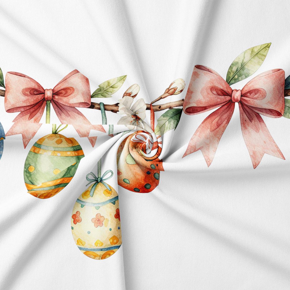 detal wzoru pokazujący kolorowe pisanki zawieszone na gałązce oraz różową kokardę