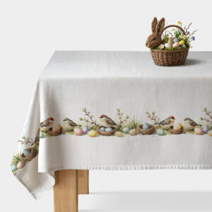 główny widok świątecznego obrusa z motywem ptaszków, gniazdek i pisanek na białym tle