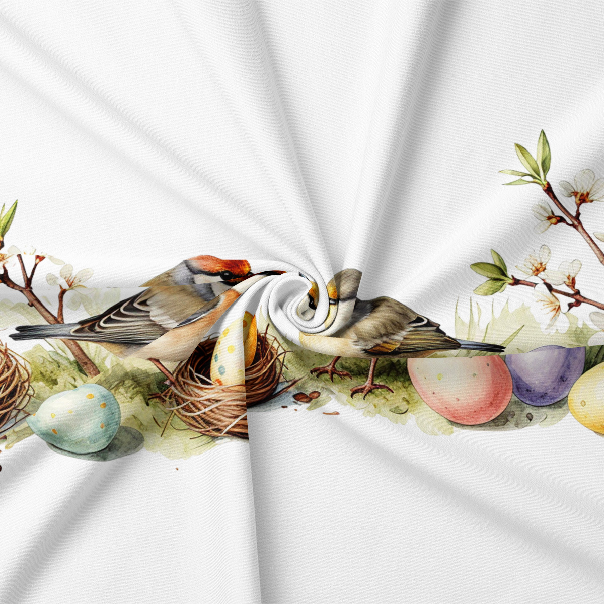 zbliżenie na detal z ptakiem, gniazdem i pastelowymi jajkami oraz fakturą tkaniny
