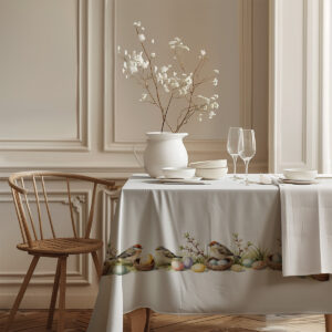 widok brzegu obrusa z powtarzającym się pasem motywu ptaszków i pisanek