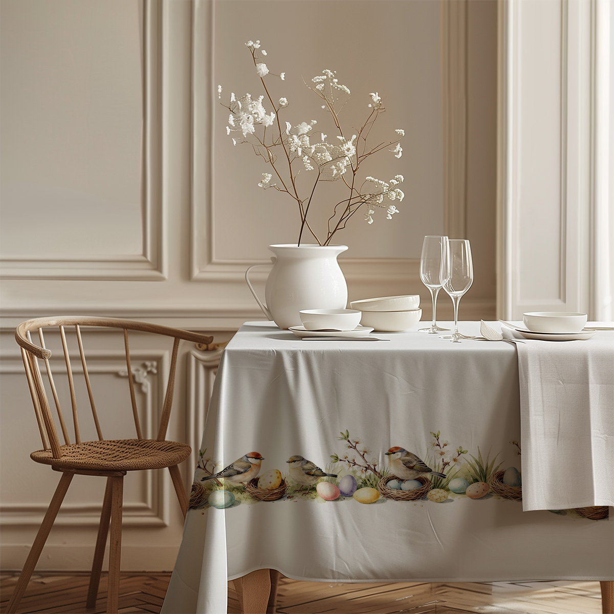 widok brzegu obrusa z powtarzającym się pasem motywu ptaszków i pisanek