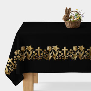 czarny obrus z dekoracyjnym złotym bordiurem pokazany na stole, ujęcie główne