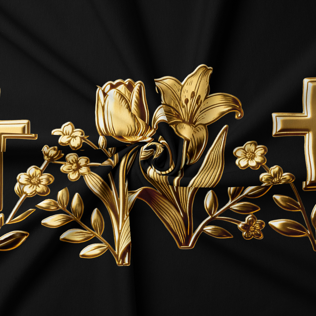 zbliżenie na złoty motyw z krzyżami, tulipanami i liliami na czarnym tle